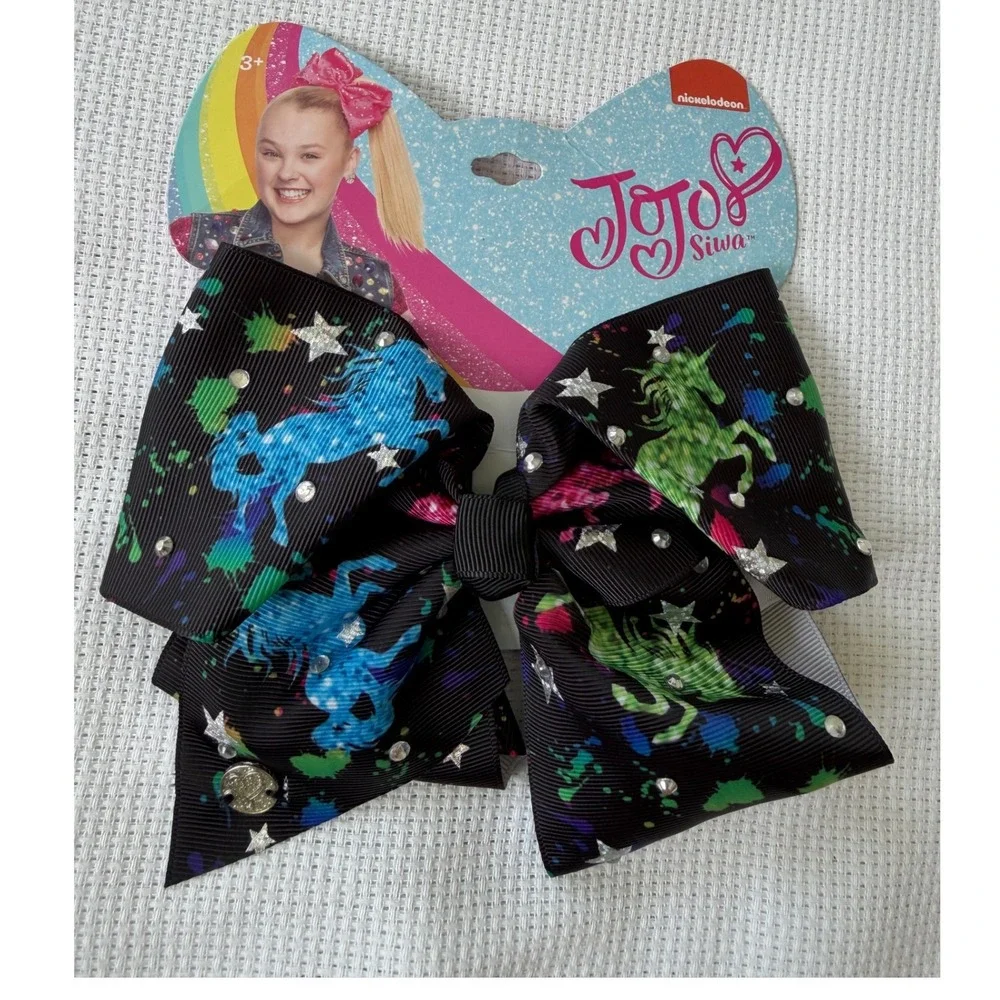 JoJo Siwa Signature Bow Black Paint Splatter Unicorn Rhinestone Hair Clip 6.5in